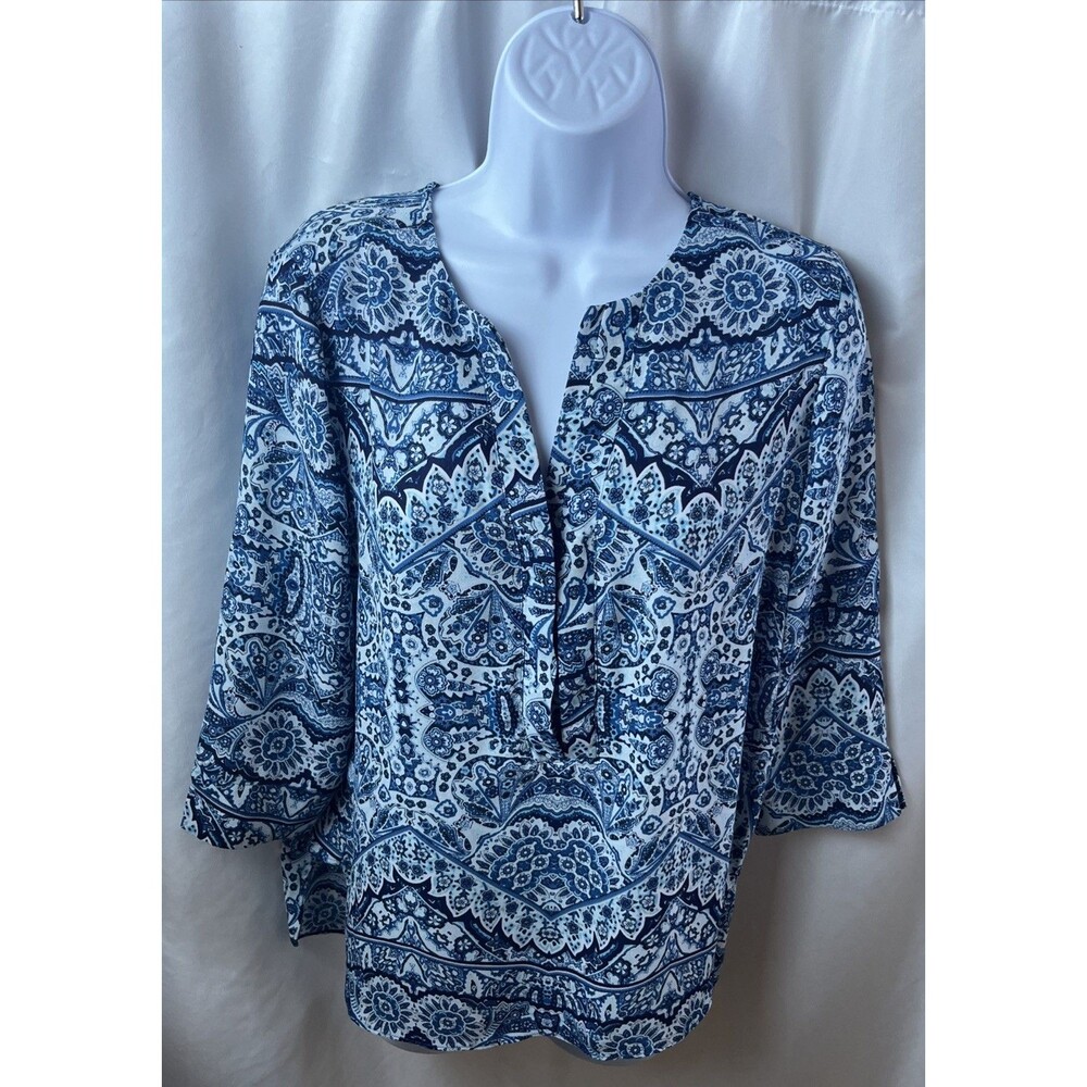 Dana Buchman Women’s Petite Blue & White Paisley Tunic Blouse Size PM Carrer